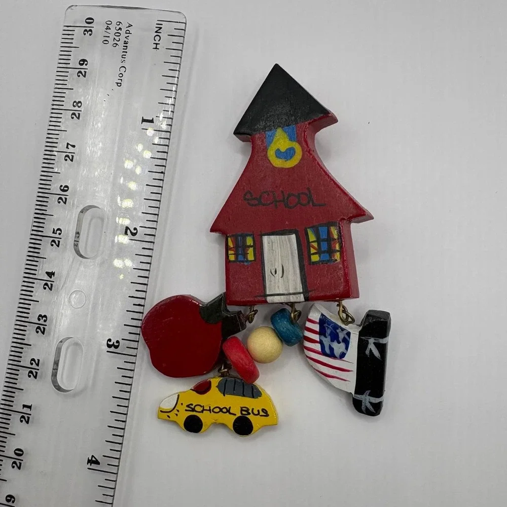Vtg 90s Teacher Brooch Hand Painted Wooden Schoolhouse Apple Bus Folk Art Pin